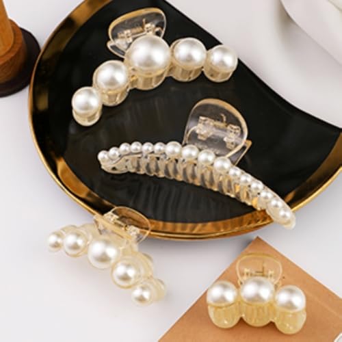 D'PINGOLINY Pearl Hair Claw Clips,Clear Plastic with White Beads, Set of 4, Elegant Style for Women