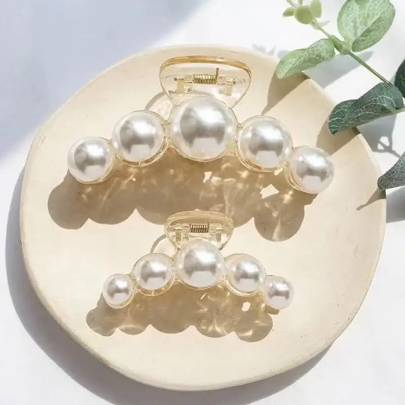 D'PINGOLINY Pearl Hair Claw Clips,Clear Plastic with White Beads, Set of 4, Elegant Style for Women