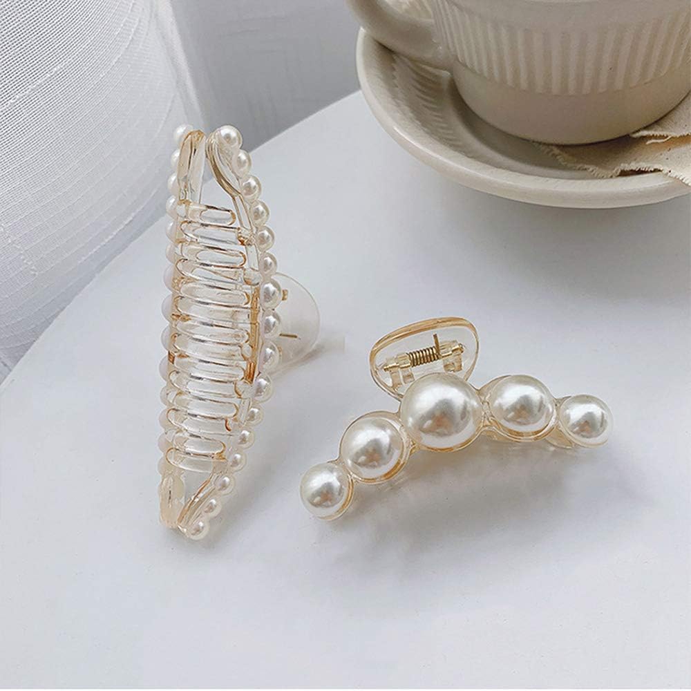 D'PINGOLINY Pearl Hair Claw Clips,Clear Plastic with White Beads, Set of 4, Elegant Style for Women