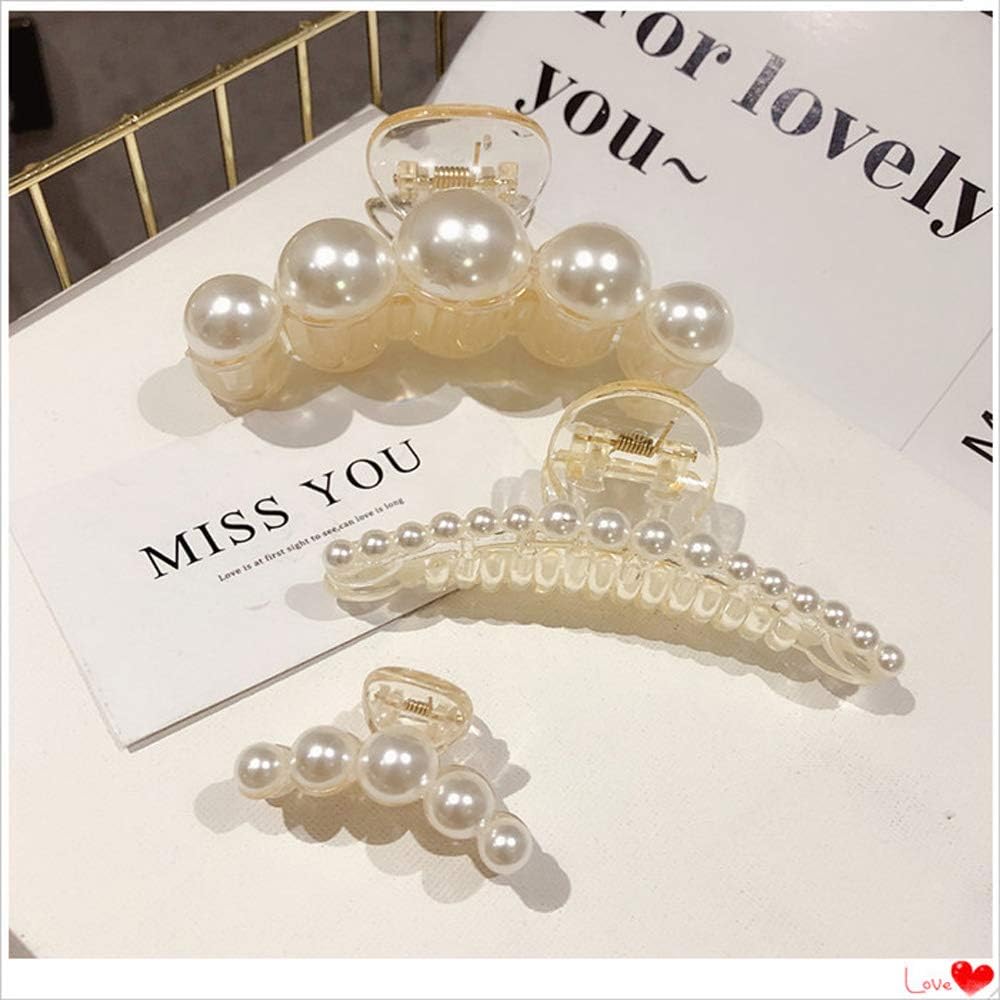 D'PINGOLINY Pearl Hair Claw Clips,Clear Plastic with White Beads, Set of 4, Elegant Style for Women