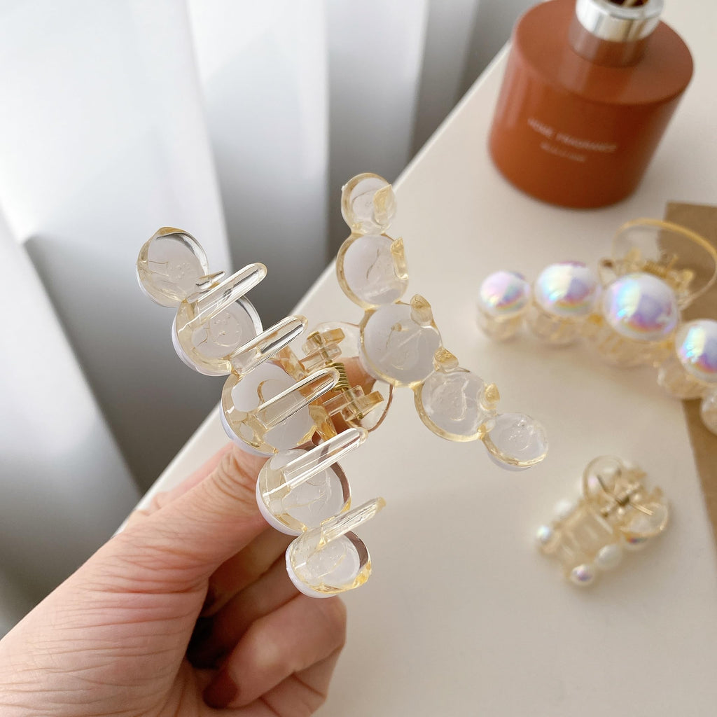 D'PINGOLINY Pearl Hair Claw Clips,Clear Plastic with White Beads, Set of 4, Elegant Style for Women