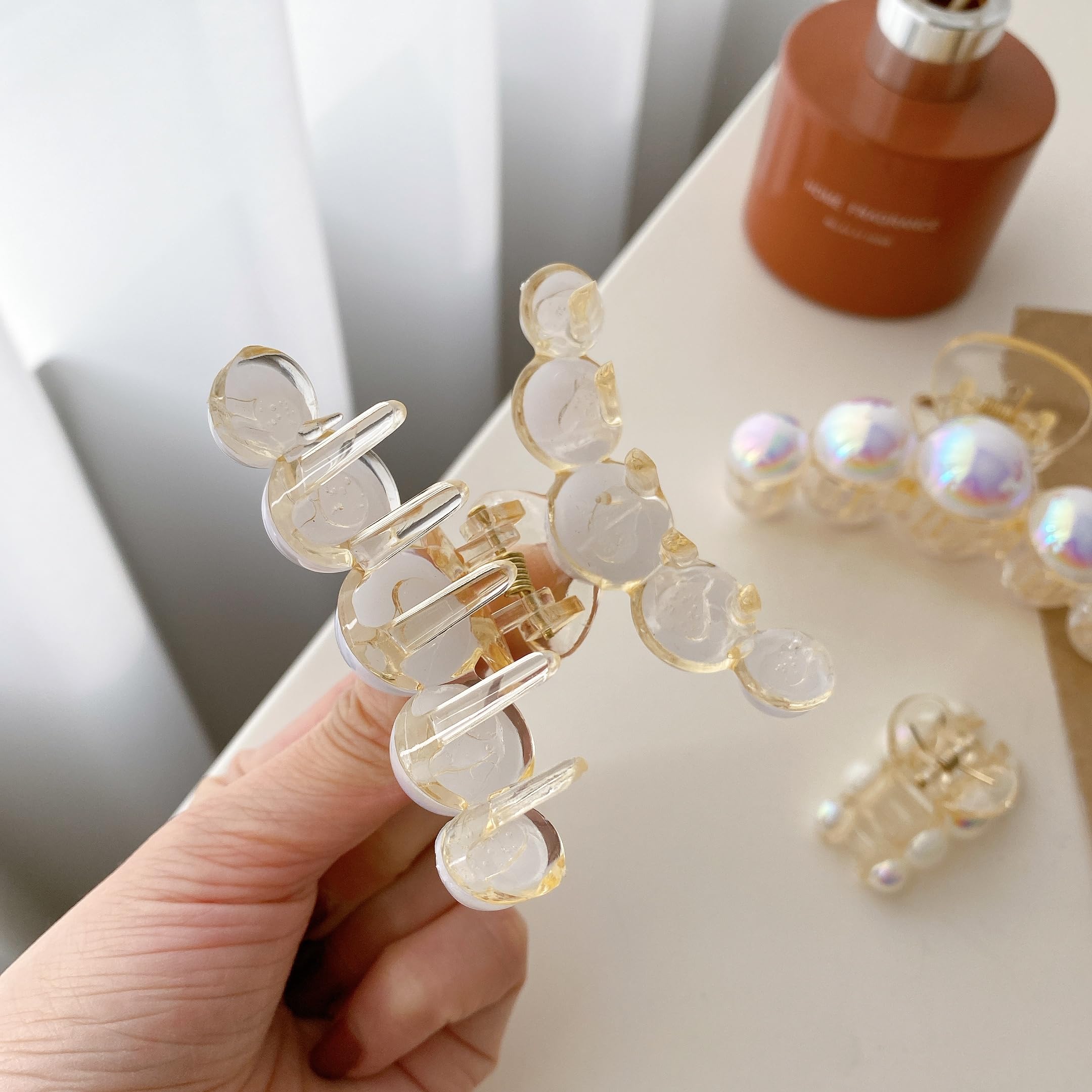 D'PINGOLINY Pearl Hair Claw Clips,Clear Plastic with White Beads, Set of 4, Elegant Style for Women