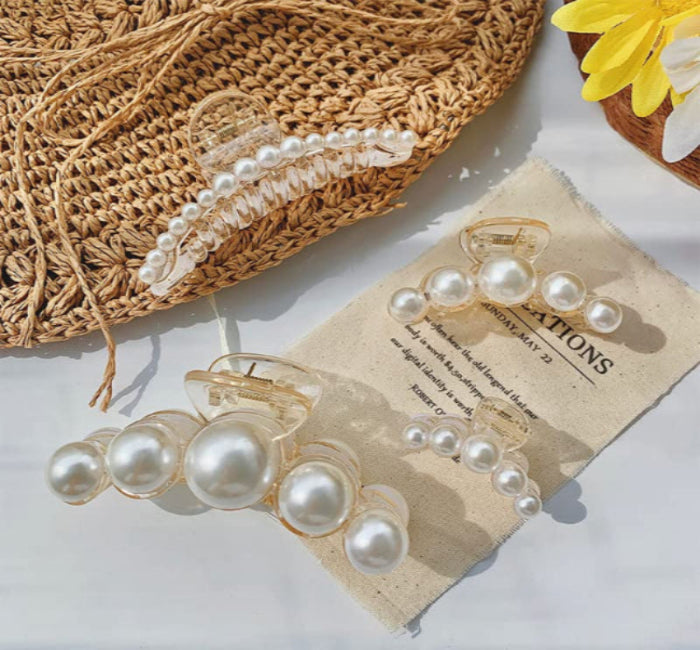 D'PINGOLINY Pearl Hair Claw Clips,Clear Plastic with White Beads, Set of 4, Elegant Style for Women