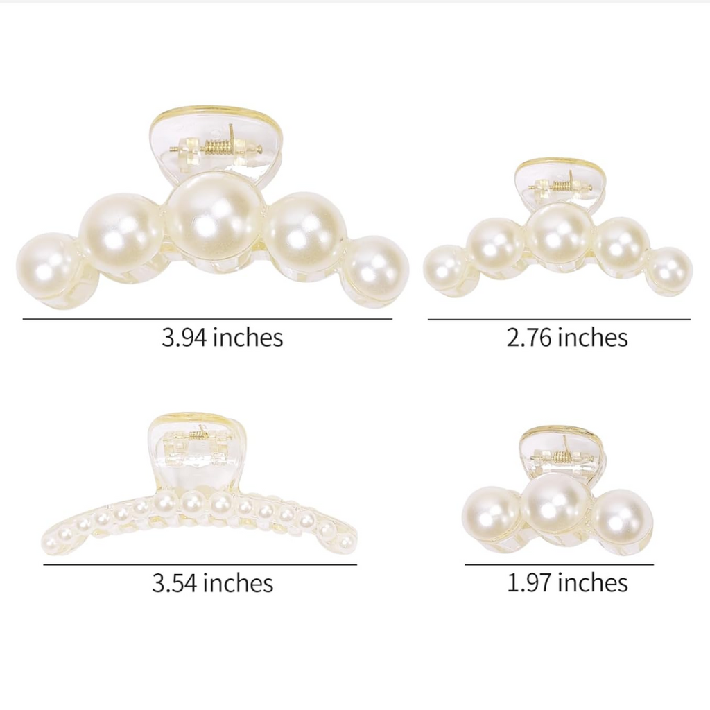 D'PINGOLINY Pearl Hair Claw Clips,Clear Plastic with White Beads, Set of 4, Elegant Style for Women