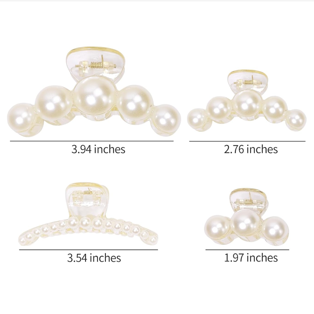 D'PINGOLINY Pearl Hair Claw Clips,Clear Plastic with White Beads, Set of 4, Elegant Style for Women