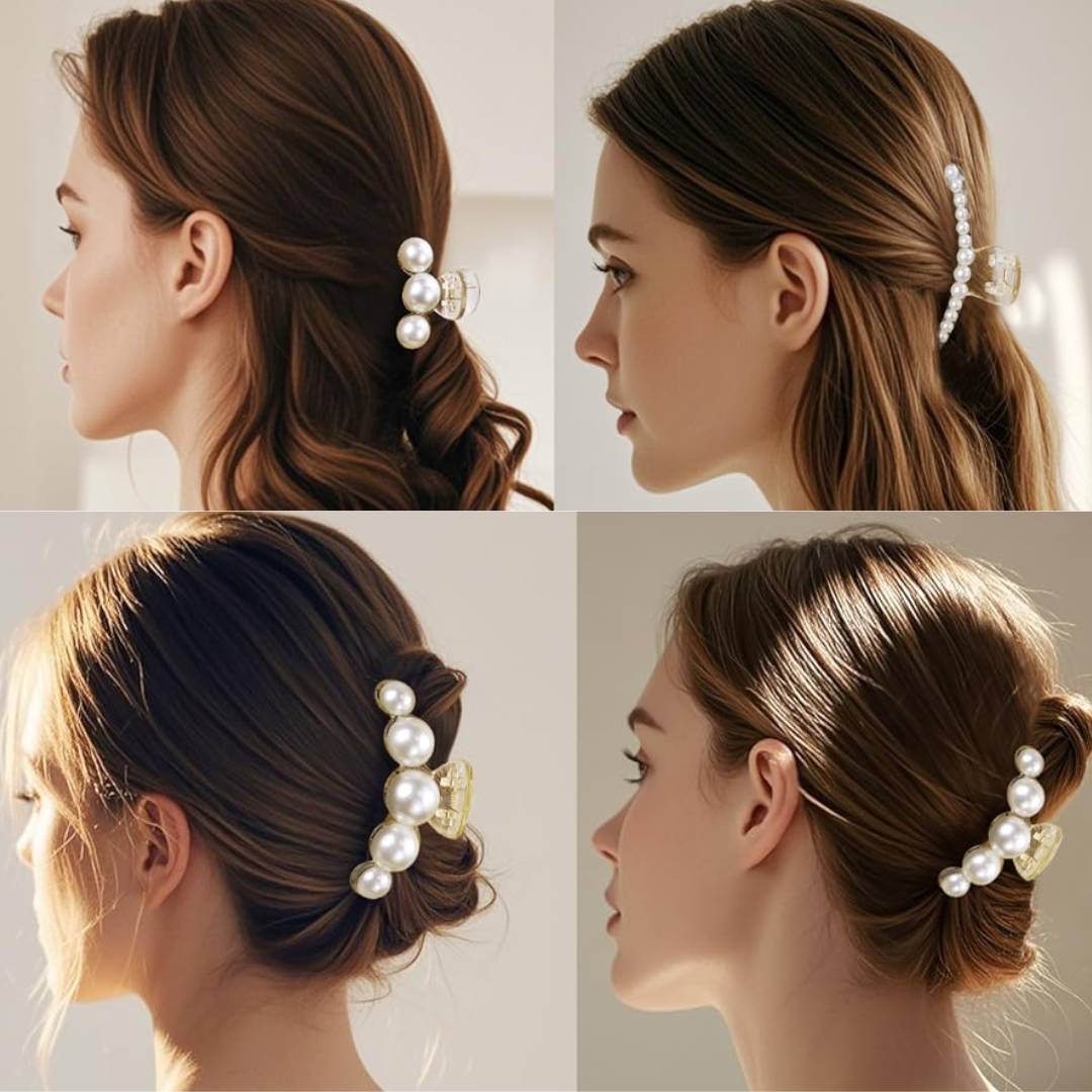D'PINGOLINY Pearl Hair Claw Clips,Clear Plastic with White Beads, Set of 4, Elegant Style for Women